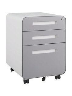 a white filing cabinet sitting on wheels with three drawers in the front and one drawer open