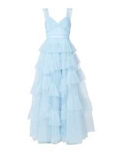 Romantic evening gown crafted from a dreamy tulle. Topped with a fitted bodice and a tiered, full ruffle skirt.
  100% polyester
 Dry clean