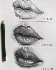 pencil drawings of lips with different angles and positions to draw the lip length for each one