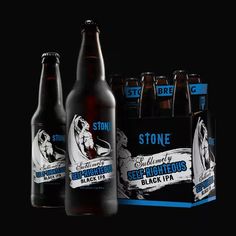 several bottles of beer are shown in front of a black background with an advertisement for stone brewing