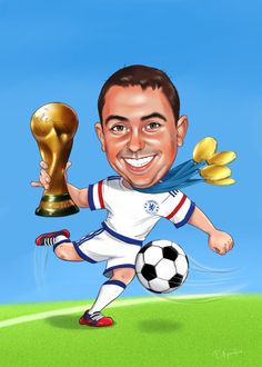 a cartoon caricature of a soccer player with the world cup in his hand