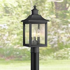 a black post light sitting on top of a grass covered field