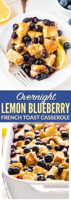 lemon blueberry french toast casserole is served in a white dish and topped with fresh blueberries