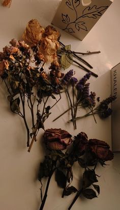 dried flowers are sitting on a table next to a box