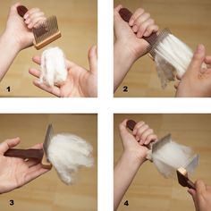 four pictures showing how to use a hair brush