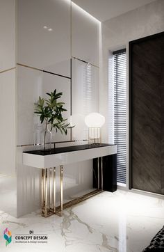 a white and black table with a plant on it in front of a large mirror