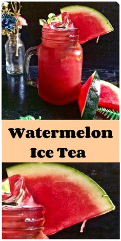 watermelon ice tea in a mason jar with slices of watermelon