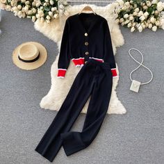 Autumn V-neck Long Sleeve Knit Cardigan Short Top High Waist Wide Leg Pants Two-Piece SetFabric: blendedColor: blackSize(cm): free sizeTopslength 53 bust 100-110 waist 93-110Pants&ltp&gtlength 94 waist 50-80&lt/p&gt&ltbr/&gt Chic Black V-neck Sets, Black Winter Workwear Sets, Black V-neck Casual Sets, Black V-neck Sets For Workwear, Black V-neck Sets For Work, Black V-neck Workwear Sets, Black V-neck Set For Fall, Knitted Suits, Suits Korean