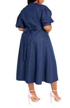 Charm endlessly in this denim midi designed with decadent puff sleeves and a perfectly flared skirt. Hidden back-zip closure V-neck Elbow-length sleeves Side-seam pockets 65% cotton, 32% polyester, 3% spandex Hand wash, line dry Imported Puff Sleeve Midi Dress, Denim Midi Dress, Long Shirt Dress, Sleeve Midi Dress, Long Sleeve Shirt Dress, Flared Skirt, Shop Maxi Dresses, Floral Dress Black, Two Piece Dress