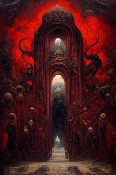 an art work with red hues and skulls on the ground, in front of a large doorway