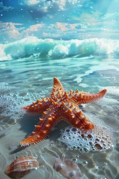 a starfish on the beach with waves coming in