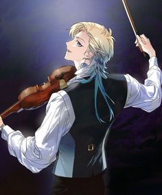 a woman holding a violin in her right hand and wearing a white shirt with blue hair