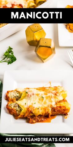 a white plate topped with lasagna covered in cheese