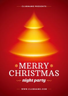 merry christmas night party poster with red background and yellow triangle on the bottom right corner