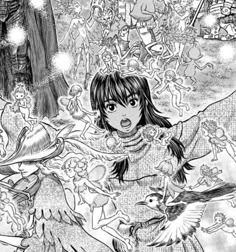 an anime scene with many people in the background and one woman holding a bird on her shoulder