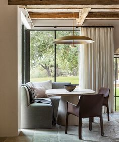 a living room filled with furniture and a large window