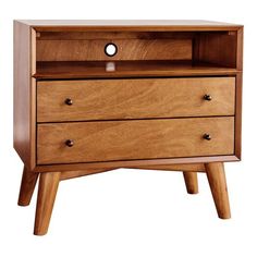 a wooden dresser with two drawers on one side and an open drawer on the other