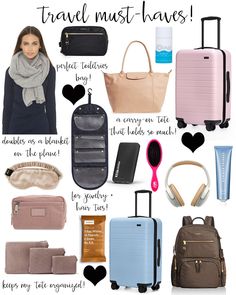 travel must haves for the woman who is traveling with her suitcase and other items