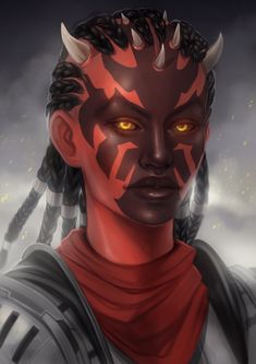 an image of a woman with horns on her head and yellow eyes in the background