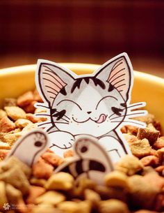 a paper cut out of a cat laying in a bowl of food