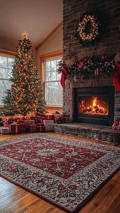 a living room with a christmas tree and fireplace