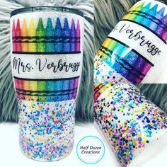 two tumbles that have different colored confetti on them, one with the words mrs