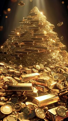 a pile of gold bars and coins with lights shining down on the ground in front of them