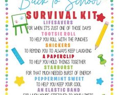 the back to school survival kit is shown with colorful writing on it and lots of different items