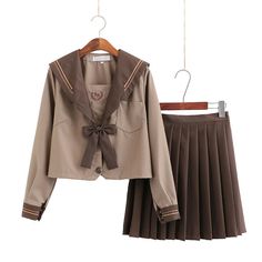 Brown Uniform School, Brown Uniform Aesthetic, Highschool Reunion Outfit, Brown School Uniform, Brown Uniform, Medieval Outfits, Winter Dance Dresses, Roleplay Ideas, School Uniform Skirts