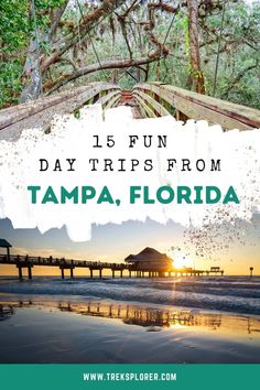 the sun is setting on tampa, florida with text overlaying it that reads 15 fun day trips from tampa, florida