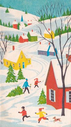 a painting of children playing in the snow near a red house with trees and houses on it