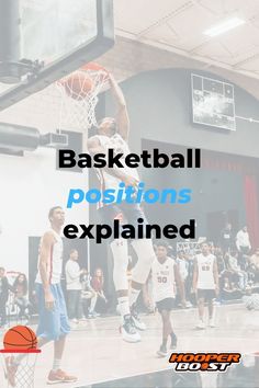 a basketball player dunking the ball into the hoop with words reading basketball positions explain