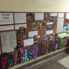 a bulletin board with pictures and writing on it