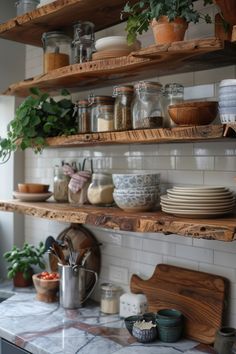 the shelves in the kitchen are filled with pots, pans and other things on them