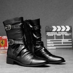 Upper Material: PU Toe Shape: Pointed Toe Style: Punk Season: Spring/Autumn Heel Height: Med (3cm-5cm) Closure Type: Buckle Strap Black Punk Rock, Mode Country, Men Leather Boots, Men's Leather Boots, Steampunk Boots, Womens Tall Boots, Leather Motorcycle Boots, Gothic Boots, Pu Boots