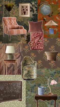 an assortment of furniture and wallpapers in various colors