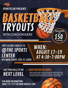 an advertisement for the basketball tryouts with coach rogers, which is set to be held