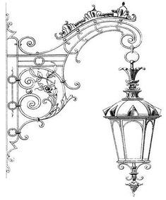 an old fashioned street light with ornate designs on the top and bottom, vintage line drawing or engraving