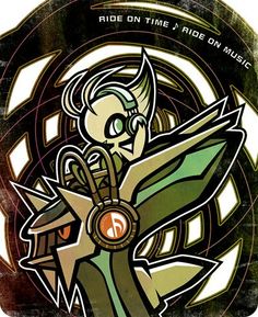 an image of a cartoon character with horns and wings on it's head, in front of a circular design