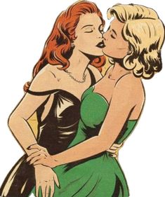 two women kissing each other with one woman in green dress and the other wearing black