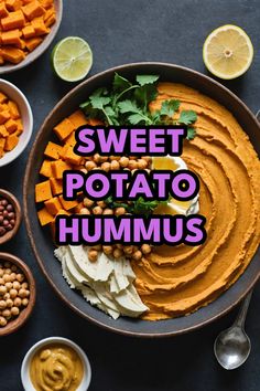 A photo of a  Sweet Potato Hummus which is a type of hummus bowl Potato Hummus, Nutritious Lunch, Sweet Potato Hummus, Creamy Hummus