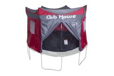 a red and grey tent with the words club house on it's front side