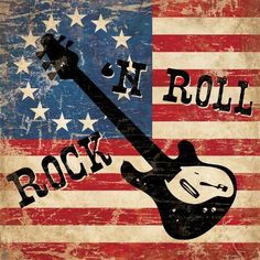 an american flag with a guitar and the words rock'n roll on it in black