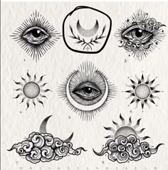 the sun, moon and eye tattoo designs are shown in black ink on white paper