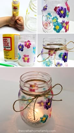 Collage of different steps to make a DIY mason jar candle holder with thumbprint flowers Easy Diy Mothers Day Gifts From Toddler, Mother’s Day Crafts For Grandma From Kids, Diy Mothers Day Gifts From Kids Grandma, Mothers Day Crafts Preschool, Mothersday Gifts Diy, Mason Jar Gifts Diy, Snowflake Wall, Gifts Aesthetic