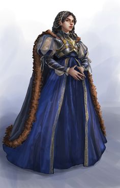 a woman in a blue dress with fur on her head and an elaborate coat over her shoulders