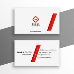 two white business cards with red and gray lines on them, one is for design