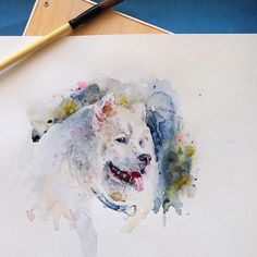 a watercolor painting of a white dog on paper next to a paintbrush and pencil