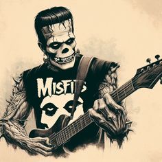 a drawing of a skeleton holding a guitar and wearing a t - shirt with the words misfist on it