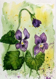 watercolor painting of purple flowers with green leaves